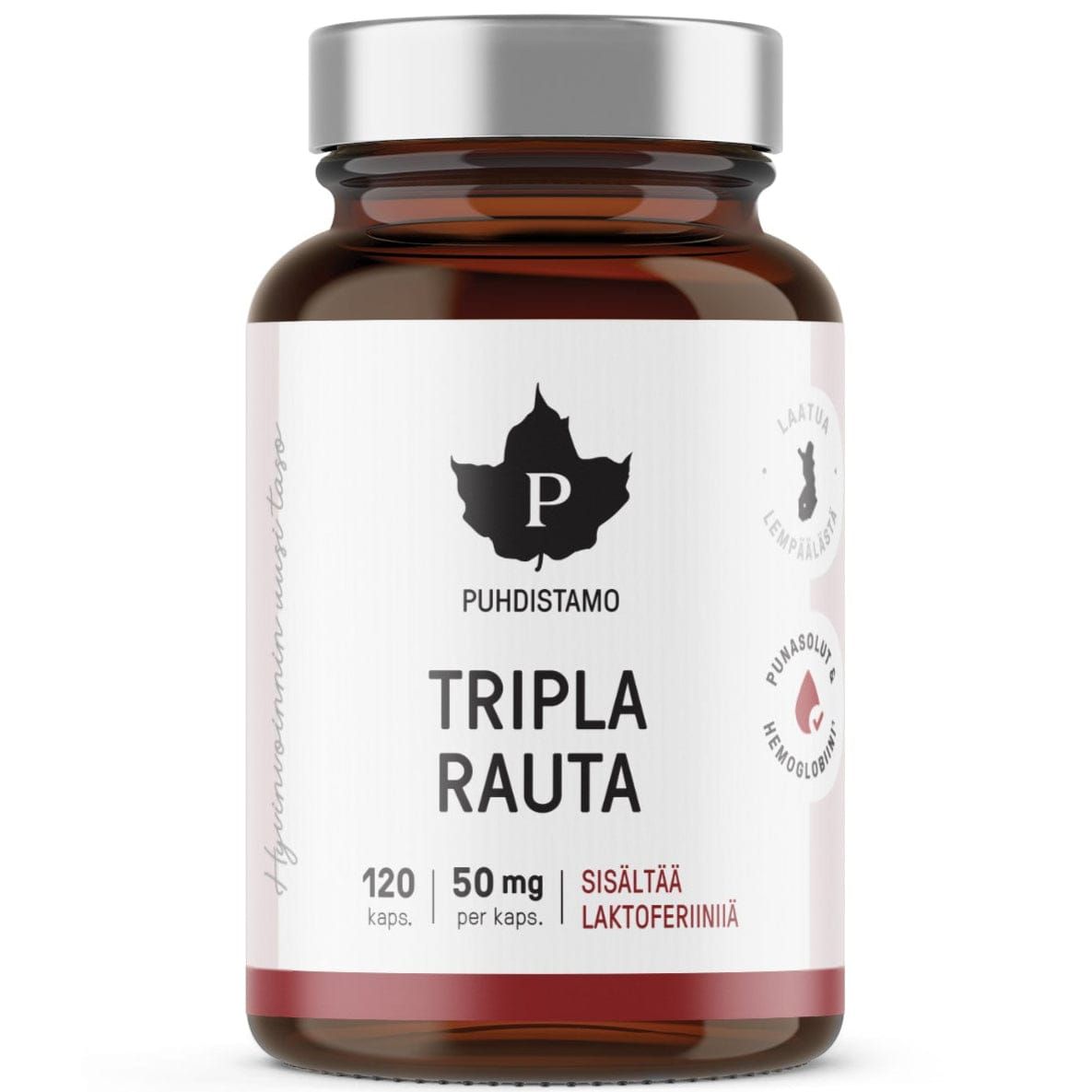 A brown glass bottle with a white label displays "Puhdistamo Triple Iron," an iron supplement from Puhdistamo featuring 120 capsules (50 mg each) with lactoferrin for better absorption. Finnish text highlights it's lactose-free and highly absorbable.