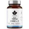 A brown glass bottle of Puhdistamo Triple Zinc 25 mg by Puhdistamo, with a silver cap and white label, contains 60 capsules of highly absorbable zinc plus P-5-P and vitamin C for effective immune support.