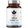 A brown bottle of Puhdistamo Triple Zinc 25 mg (120 capsules) with a white and blue label featuring Finnish text, health icons, and promoting high absorption.