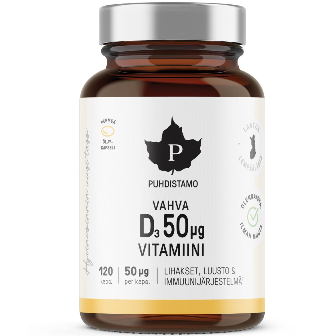 A brown glass bottle with a silver cap labeled Puhdistamo Strong Vitamin D 50 mikrog. The Finnish label features dosage info, icons for quality and natural ingredients, and highlights vitamin D3 for daily wellness.