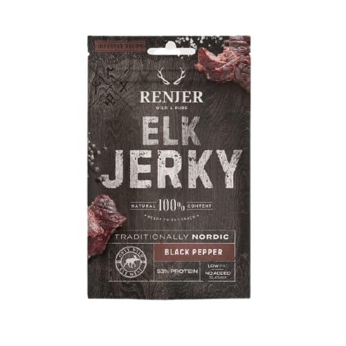 Renjer Nordic Elk Jerky Black Pepper comes in dark brown packaging featuring “Traditionally Nordic,” “High Protein,” and “Low in Sugar.” Pieces of wild game meat jerky are shown around the Renjer pack.
