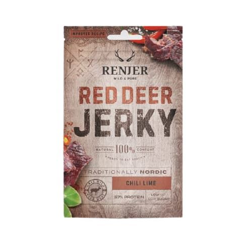 Renjer Nordic Red Deer Jerky Chili & Lime features wild game meat with high protein, low sugar, and traditional Nordic qualities. The rustic label is complemented by slices of red deer jerky and vibrant chili peppers.