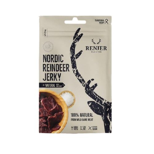 A beige Renjer package labeled "Renjer Nordic Reindeer Jerky Sea Salt" features a black reindeer antler design, a bowl of jerky, and salt, highlighting that it's 100% natural jerky made from wild Lapland reindeer meat.