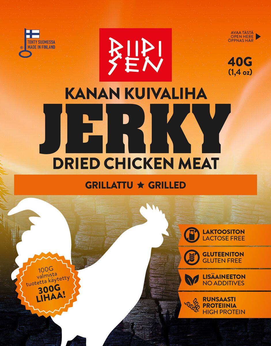 A package of Riipisen Chicken Jerky Grilled features a chicken silhouette, bilingual Finnish-English product info, and icons showing this high-protein snack is lactose-free, gluten-free, and deliciously grilled.