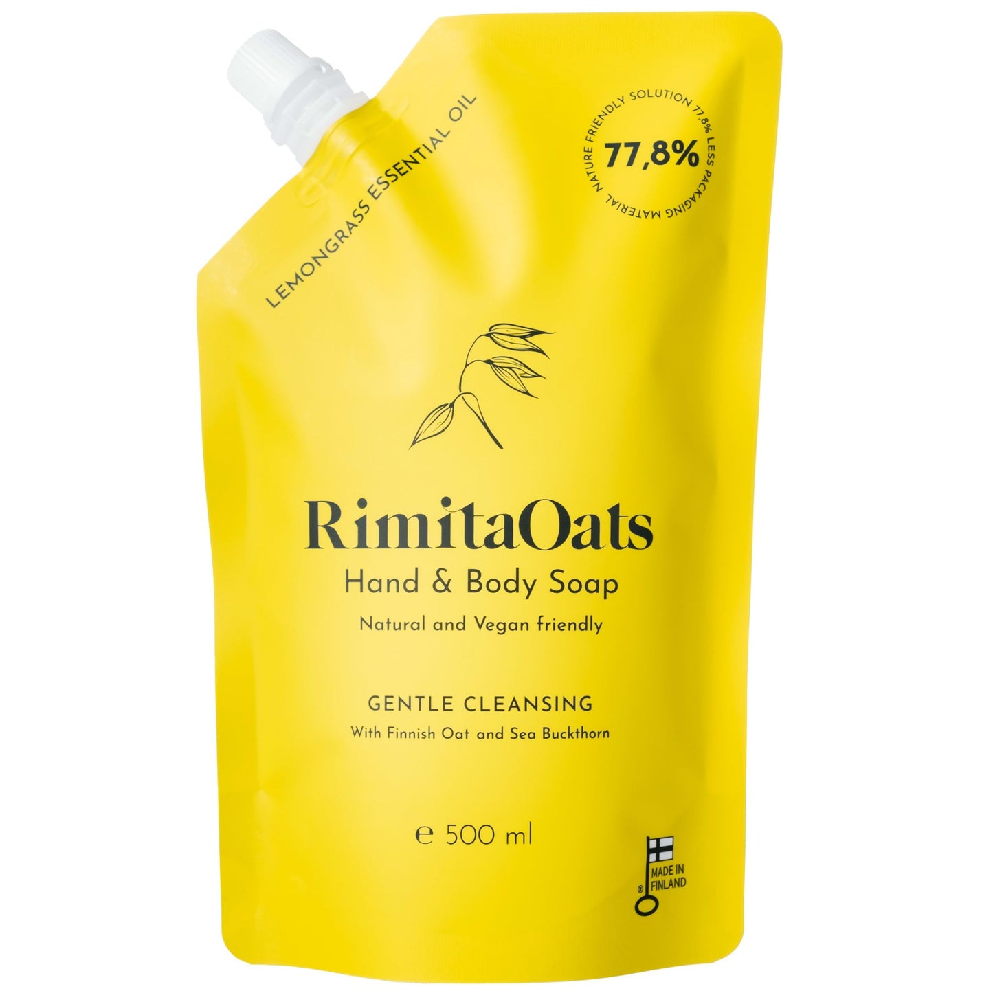 A yellow 500ml pouch of Rimita Green’s RimitaOats Hand and Body Soap features black text, a spout, a small Finnish flag, and highlights lemongrass essential oil, Finnish oats, 77.8% natural ingredients, and vegan-friendly formula.