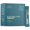 A teal SALTE Electrolytes Apple box with wavy lines and a sachet beside it. Contains 30 keto-friendly, vegan sachets; sugar-free hydration with sodium, potassium, and magnesium clearly listed.
