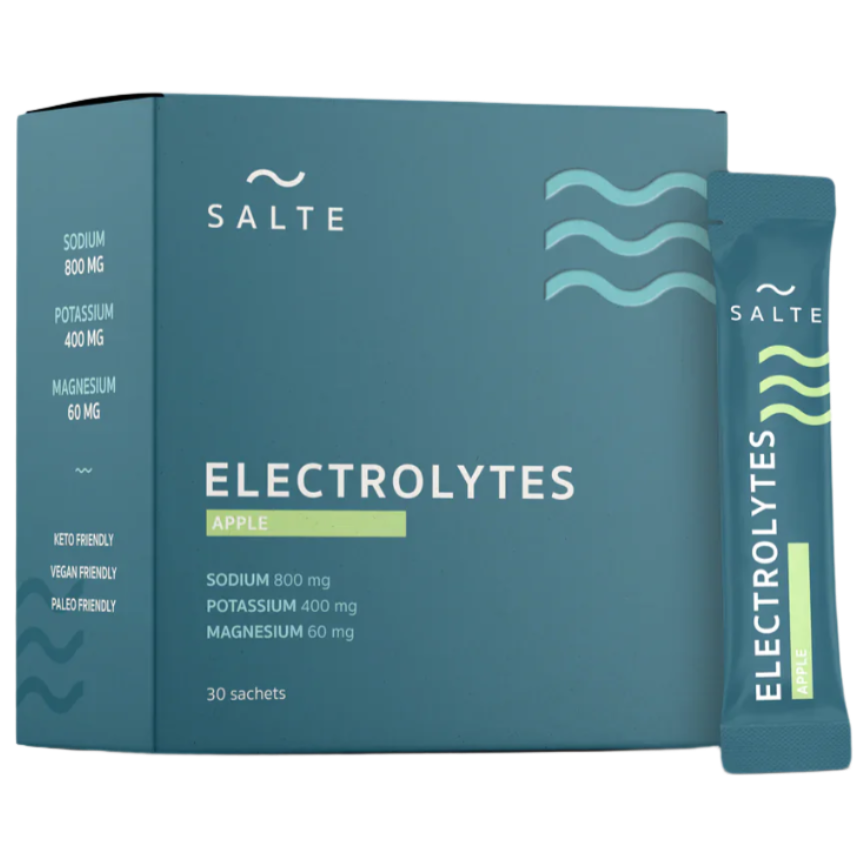 A teal SALTE Electrolytes Apple box with wavy lines and a sachet beside it. Contains 30 keto-friendly, vegan sachets; sugar-free hydration with sodium, potassium, and magnesium clearly listed.