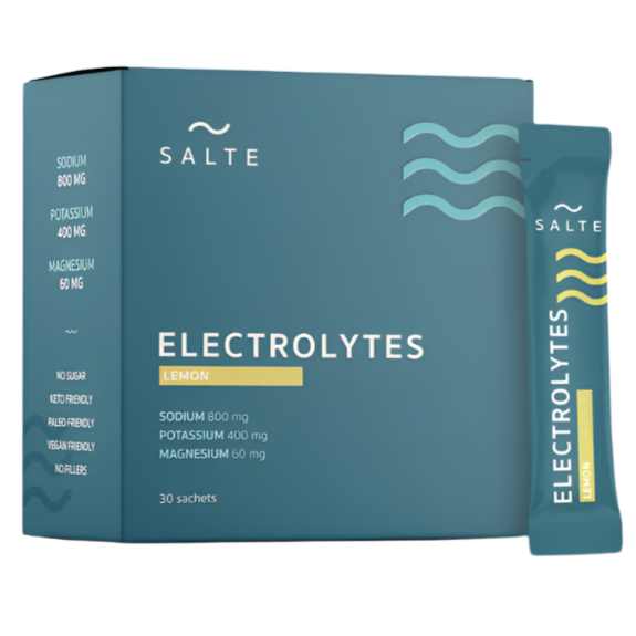 A blue SALTE Electrolytes Lemon box and sachet display sodium, potassium, magnesium content, and highlight sugar-free, keto-friendly, vegan, and no fillers on the packaging.