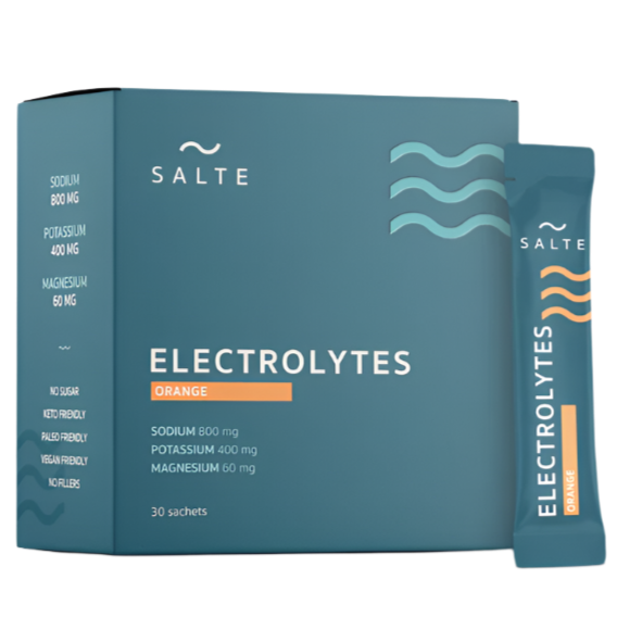SALTE Electrolytes Orange is a vegan, keto-friendly electrolyte powder with sodium, potassium, and magnesium. This sugar-free hydration mix comes in a blue box with 30 sachets from SALTE.