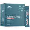 A teal box of SALTE Electrolytes Strawberry with a sachet beside it. This vegan, sugar-free hydration powder features sodium, potassium, and magnesium, has a strawberry flavor, and includes 30 sachets. Brand: SALTE.