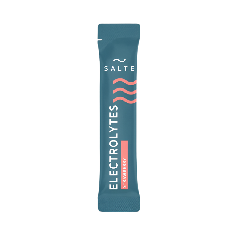 The SALTE Electrolytes Strawberry single-serve packet features a teal design with pink wave graphics and provides sugar-free hydration with a delicious strawberry flavor. Brand: SALTE.