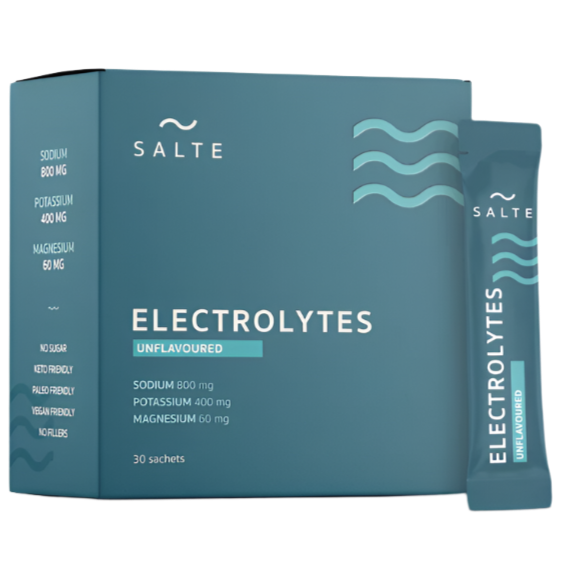 SALTE Electrolytes Unflavoured by SALTE offers unflavoured, sugar-free hydration with listed sodium, potassium, and magnesium per serving. It is keto-friendly, vegan-friendly, non-GMO, and comes in convenient box and sachet packaging.