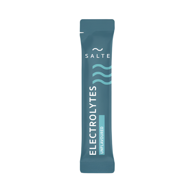 A teal single-serve packet of SALTE Electrolytes Unflavoured by SALTE stands upright on a light background, showcasing a wave design—ideal for sugar-free hydration with this unflavoured electrolyte powder.