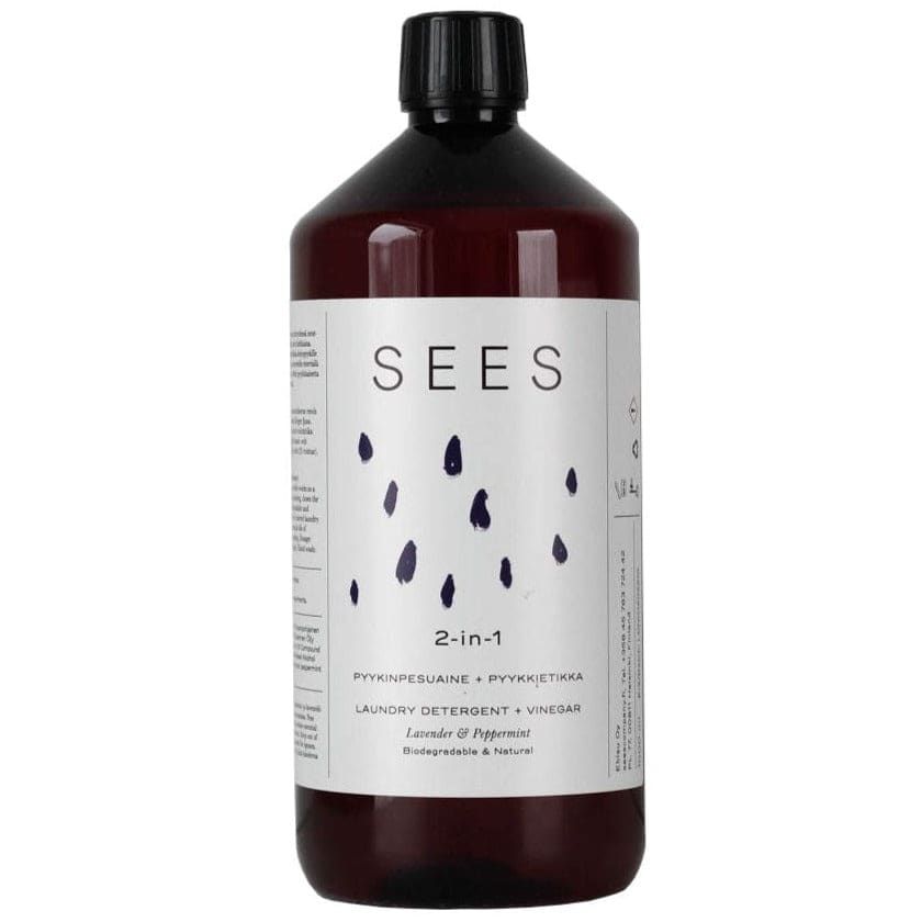 A dark brown bottle of SEES Company 2-in-1 Laundry Detergent with Vinegar features a white label with black droplets, highlighting its eco-friendly formula and natural lavender-peppermint scent for effective odor removal.
