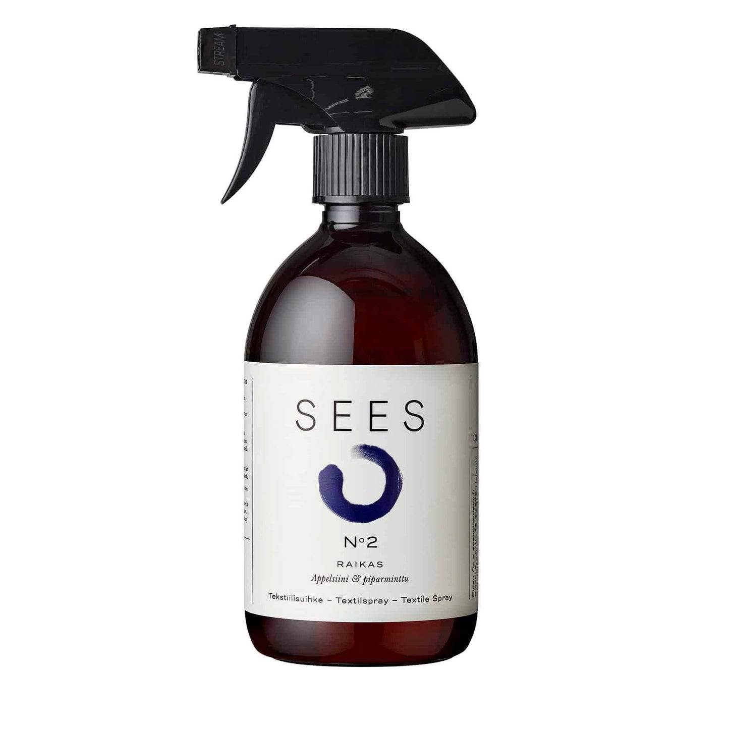A brown spray bottle labeled SEES Textile Spray No. 2 Fresh, Orange & Peppermint by SEES Company, featuring a black nozzle and white label with blue circular art, is a biodegradable textile spray.