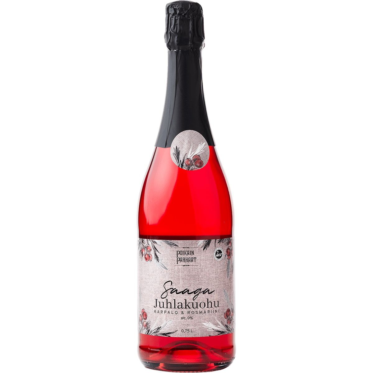 A bottle of Poikain Parhaat Saaga Sparkling Drink 0,0% filled with vibrant red liquid.