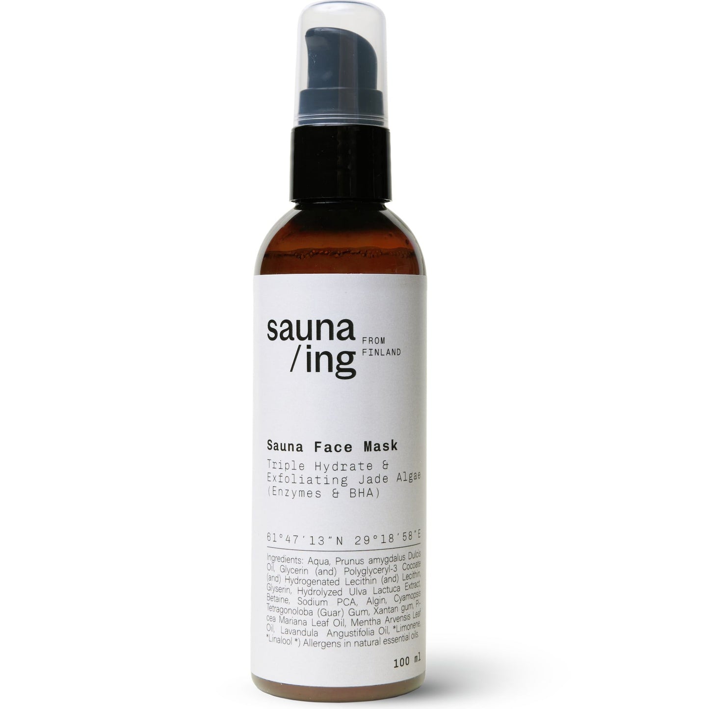 A brown pump bottle of sauna/ing Sauna Face Mask features a white label detailing it as a Triple Hydrate Complex exfoliating jade algae hydrating mask. The 100 ml packaging lists ingredients below. Brand: sauna/ing.