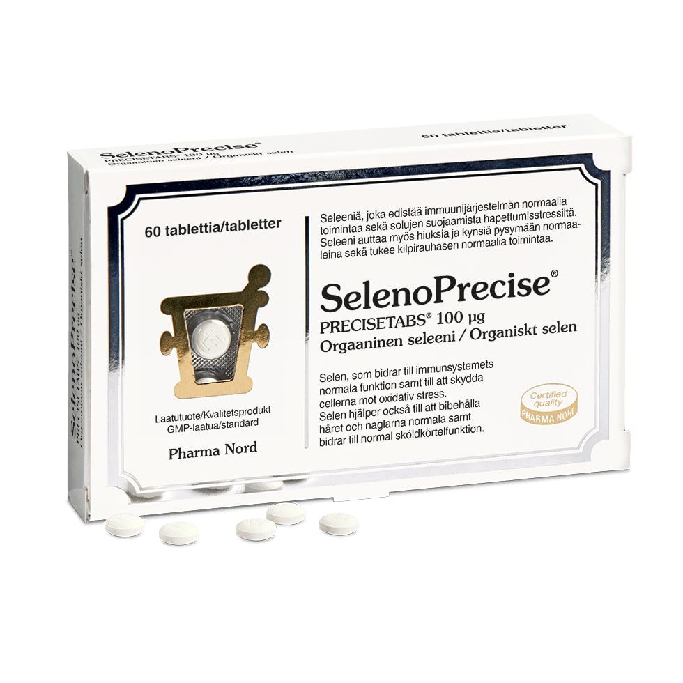 A white Pharma Nord SelenoPrecise box with Nordic and English text highlights organic selenium. A transparent window reveals a tablet, with five round white tablets displayed in front of the box.
