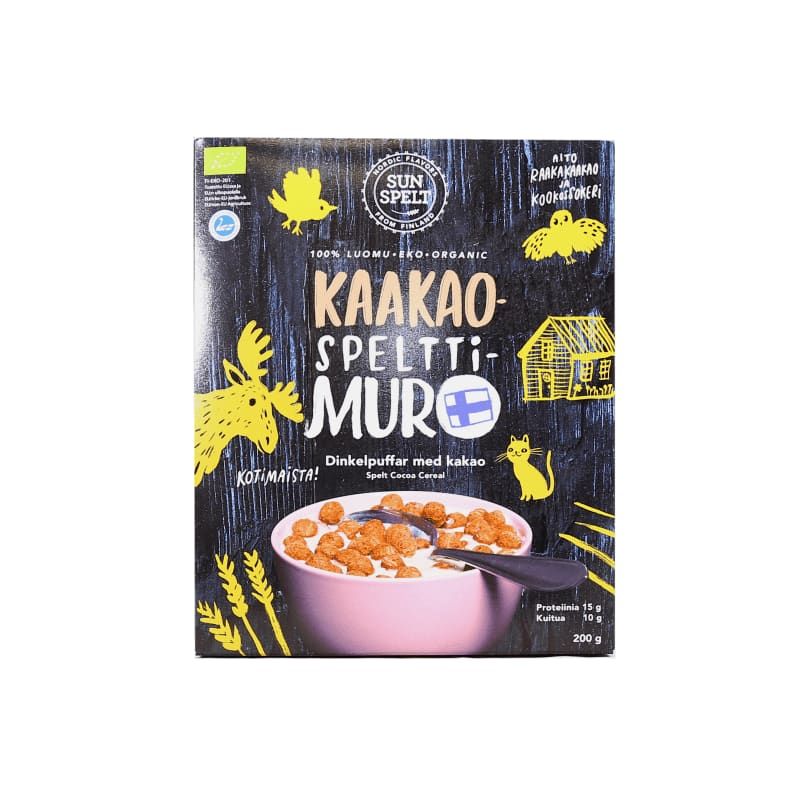 A box of SunSpelt Organic Spelt Cocoa Cereal, a chocolate-flavored spelt cereal, shows yellow moose, bear, cabin, and tree illustrations on a dark background with a cereal bowl and spoon in front.