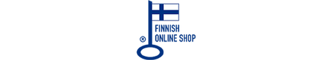 A logo featuring a blue musical note with a Finnish flag as the notes head and the words Finnish Online Shop written vertically beside it.