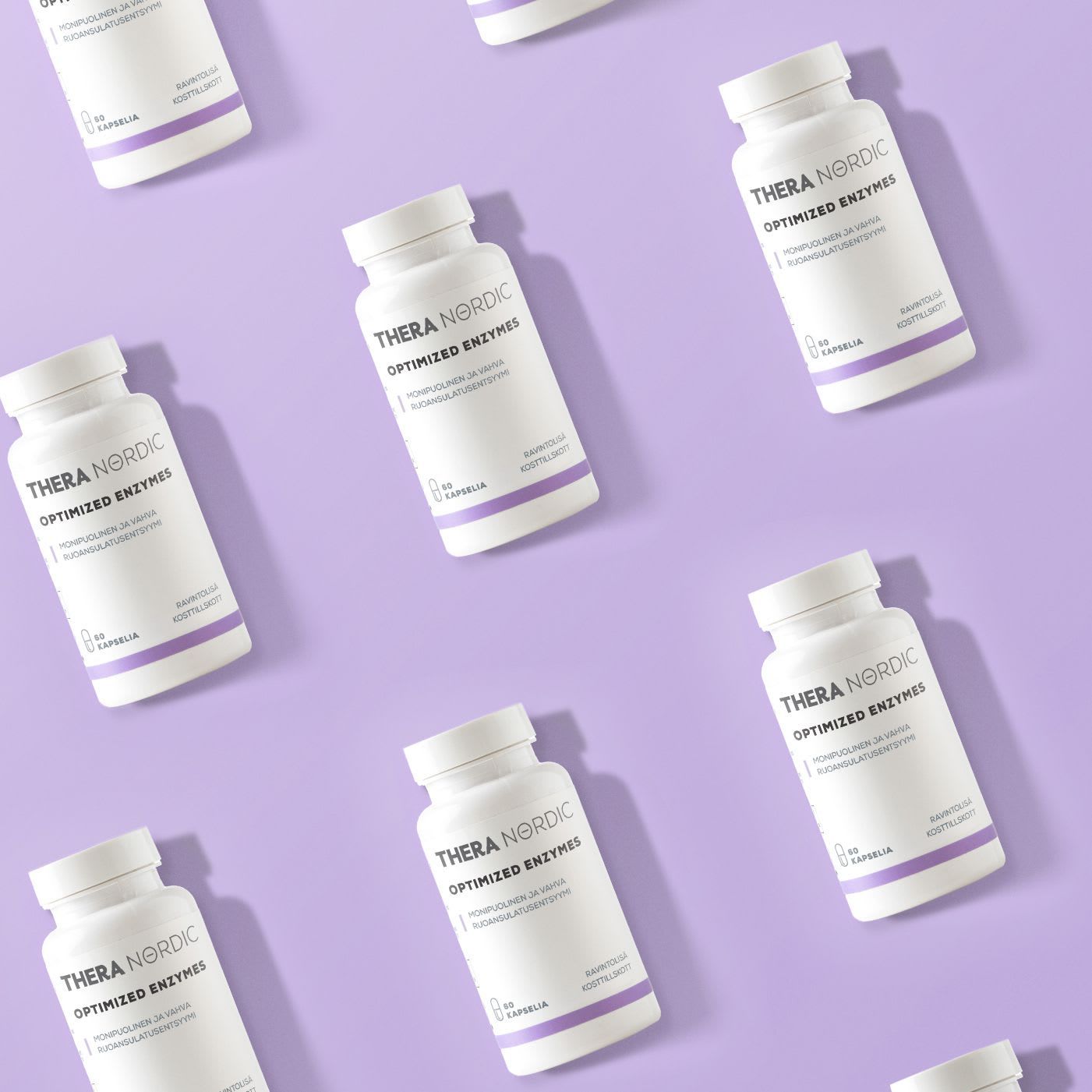 Several white bottles labeled THERA Nordic Optimized Enzymes are arranged diagonally on a light purple background, emphasizing the brand’s digestive enzyme formula for bloating relief in a repeating pattern.