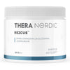 A white plastic container of THERA Nordic Rezcue Drink Powder (THERA Nordic), blue accents, labeled in Finnish and Swedish. Dietary supplement for gut healing with zinc, carnosine & glutamine, 120 g.