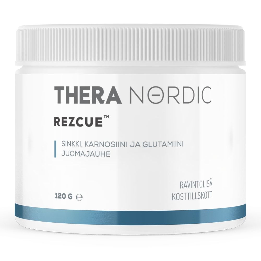 A white plastic container of THERA Nordic Rezcue Drink Powder (THERA Nordic), blue accents, labeled in Finnish and Swedish. Dietary supplement for gut healing with zinc, carnosine & glutamine, 120 g.
