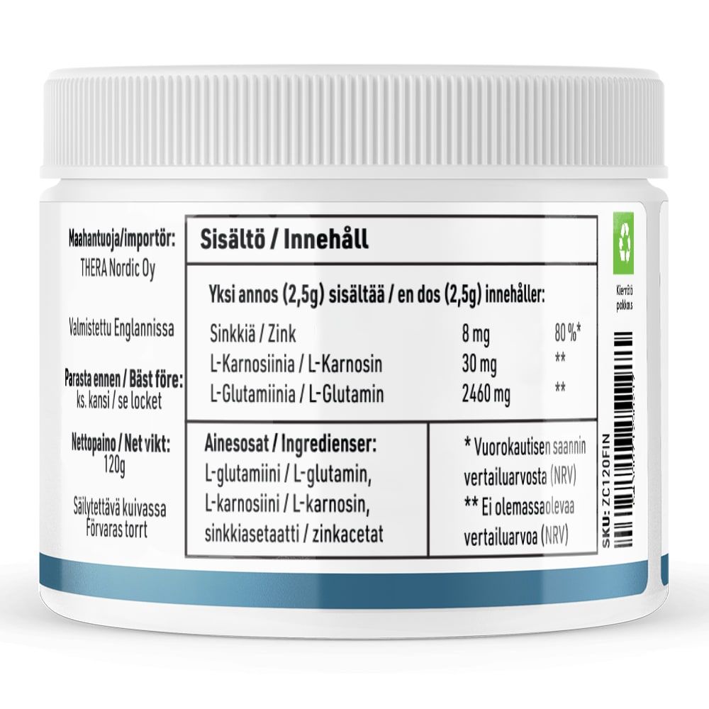 THERA Nordic Rezcue Drink Powder by THERA Nordic comes in a white plastic container with a blue label in Finnish and Swedish, highlighting zinc, L-carnosine, and L-glutamine for gut healing and acid reflux, plus serving size and manufacturer details.