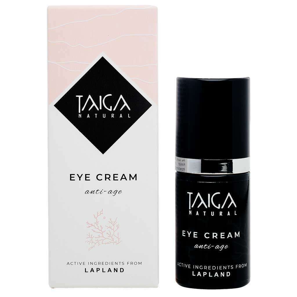 Taiga Cosmetics Eye Cream Anti-Age is an anti-aging eye cream with natural Lapland ingredients. The image features the product’s box on the left and a black pump bottle on the right.