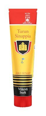 A yellow and red tube of Turku Strong Mustard by Turun Sinappi, featuring Finnish and Swedish text, a shield logo, and a black cap.