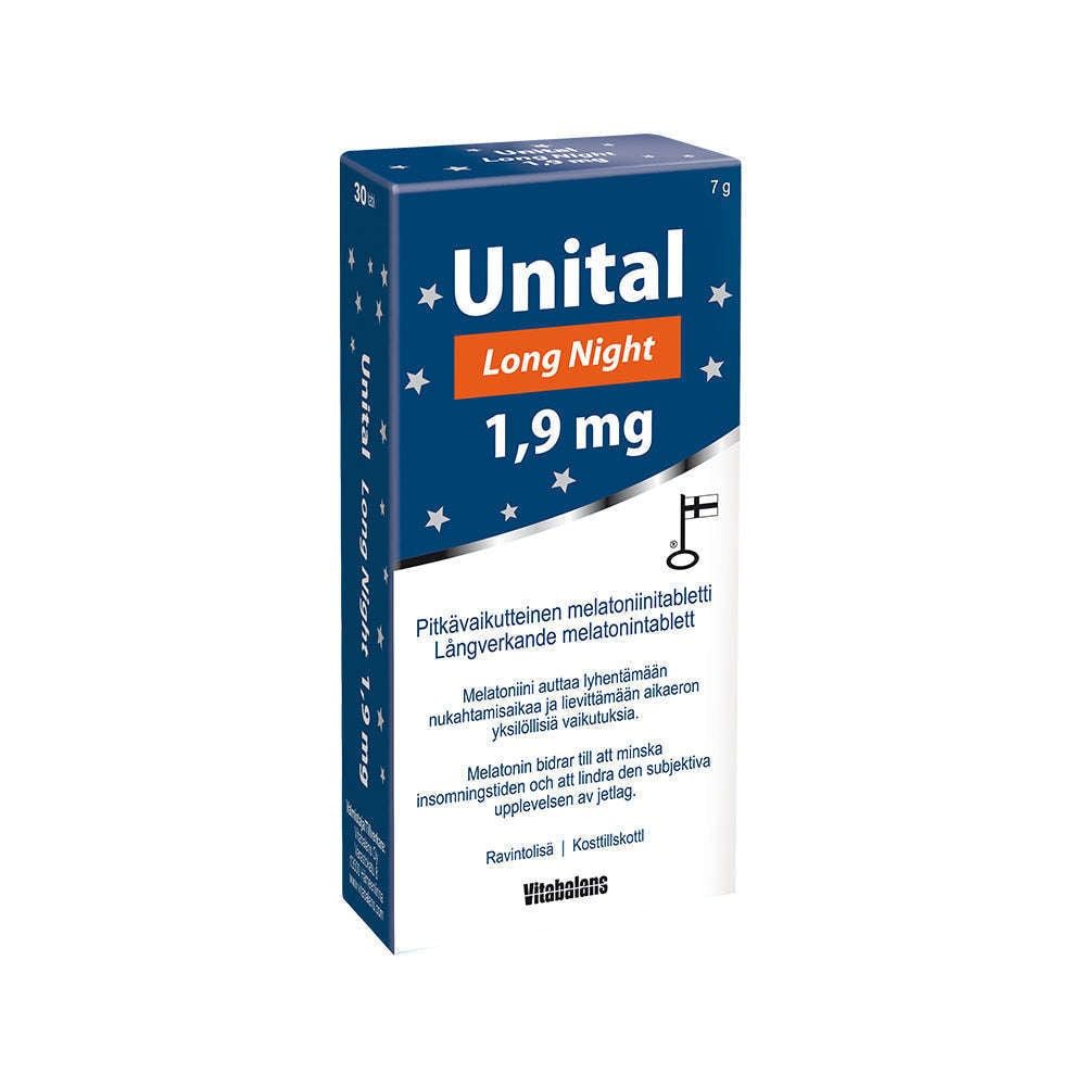 A blue and white box of Vitabalans Unital Melatonin Long Night 1,9 mg slow-release tablets, with Finnish and Swedish text and a crescent moon icon, designed as a sleep aid for long-lasting support.