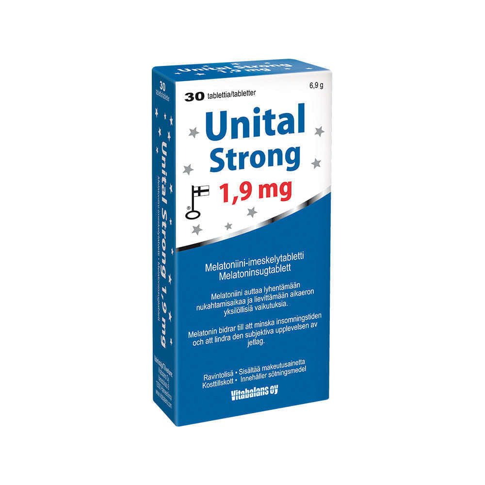 A blue and white box of Vitabalans Unital Melatonin Strong 1,9 mg contains 30 sleep aid tablets. The packaging features product information in Finnish and Swedish.
