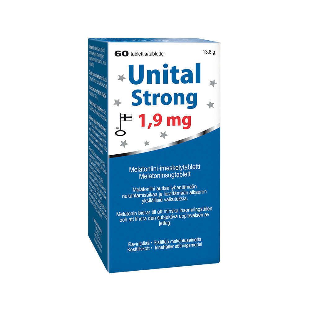 A blue and white box of Vitabalans Unital Melatonin Strong 1,9 mg lozenge tablets (60 count), with Finnish and Swedish text promoting its sleep aid benefits for better, faster sleep.