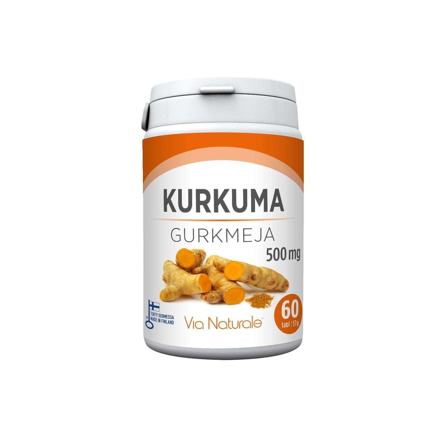 A white and orange bottle of Via Naturale Turmeric 500 mg shows turmeric roots on the label, contains 60 tablets, and highlights curcumin as a key ingredient.