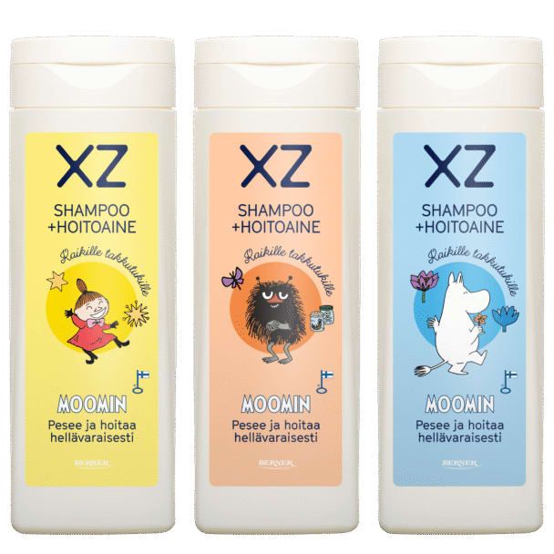 Three bottles of XZ Moomin 2in1 Shampoo & Conditioner by XZ: pink Little My, orange Stinky, and blue Moomintroll—each for children, with gentle strawberry scent and charming character illustrations.