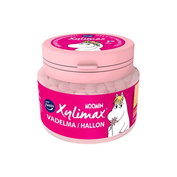 A pink jar of Fazer Xylimax Moomin Raspberry Pastilles, gelatine-free and labeled Vadelma/Hallon, features Moomin character artwork—perfect for fans of Fazer and the beloved Moomins.