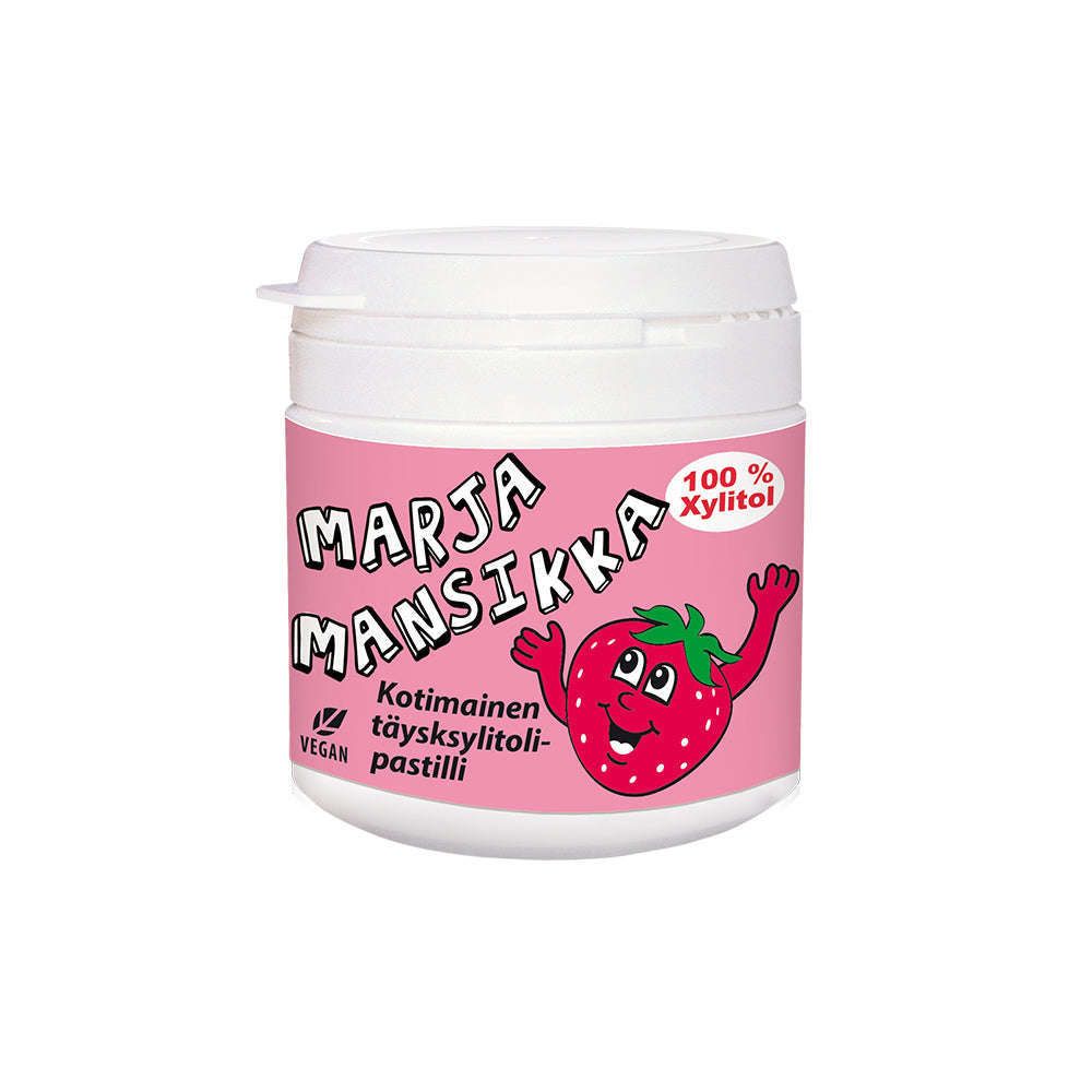 A white plastic container with a pink label featuring a cartoon strawberry. The label reads "Vitabalans 100% Xylitol Pastilles"—vegan, sugar free pastilles for better dental health.