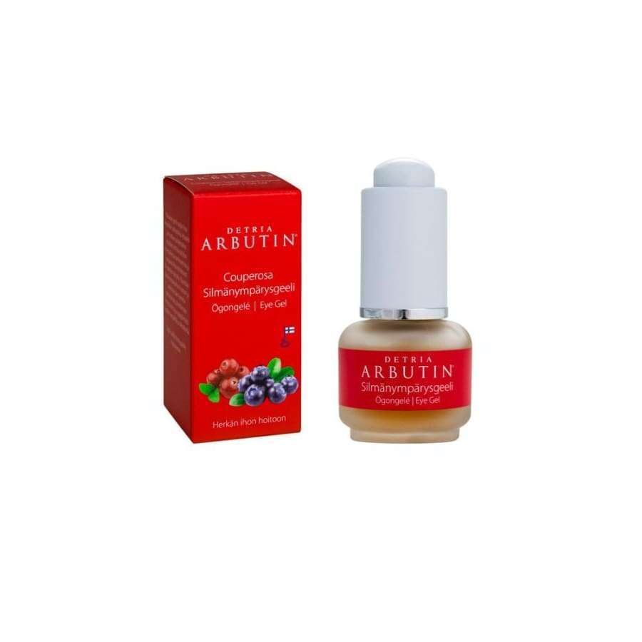 A small red and white box labeled Detria Arbutin Eye Gel sits beside a matching bottle with a white dropper cap, featuring berry images and highlighting its anti-aging eye gel formula from Detria Arbutin.