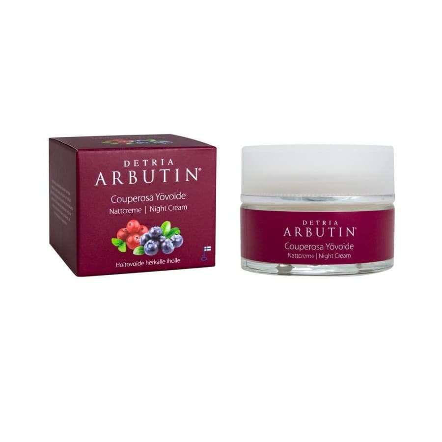 A jar and box of Detria Arbutin Night Cream by Detria Arbutin, designed for sensitive or couperosa skin, features maroon packaging with white text and berry images, offering overnight hydration for a calm complexion.