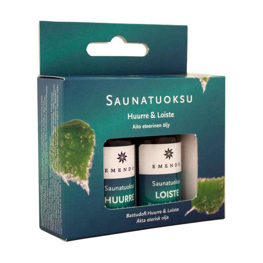 The Emendo Sauna Fragrance Huurre & Loisto set features two sauna oils in a teal and green box with birch leaf images, ideal for diffusers. From the Emendo brand, the packaging displays both the Huurre and Loisto scents.