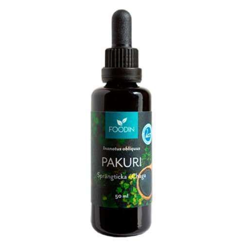 A 50 ml dark glass dropper bottle labeled Foodin Chaga Extract, by Foodin, with Inonotus obliquus/Sprängticka chaga text and Finnish chaga dual-extracted tincture, stands upright against a white background.