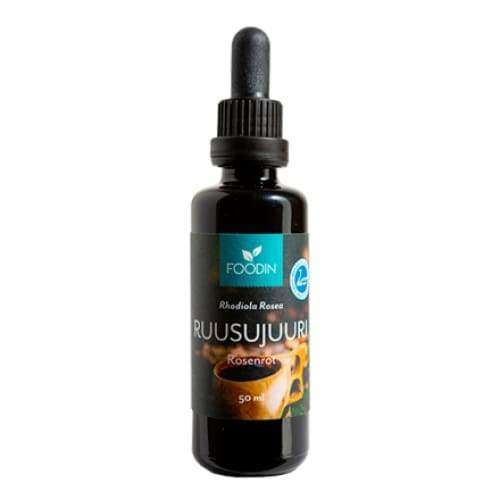 A dark glass dropper bottle labeled Foodin Rhodiola Extract 50 ml with a black cap and pipette features a rose root image on the label and contains dual-extracted Finnish Rhodiola Rosea tincture.