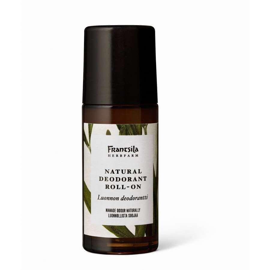 A brown bottle of Frantsila Natural Deodorant with a black cap features a leafy design and bilingual label. This citrus-scented deodorant by Frantsila uses botanical extracts for long-lasting freshness.