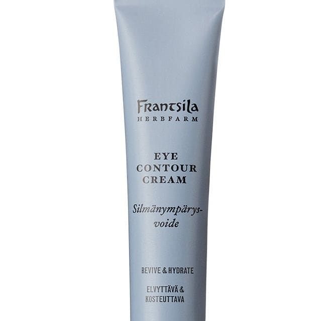 A blue tube of Frantsila Midsummer Rose Bright Eyes Beauty Cream with a black cap, labeled in English and Finnish, features rosehip seed oil and the phrases "Revive & Hydrate," highlighting its use for the eye area.