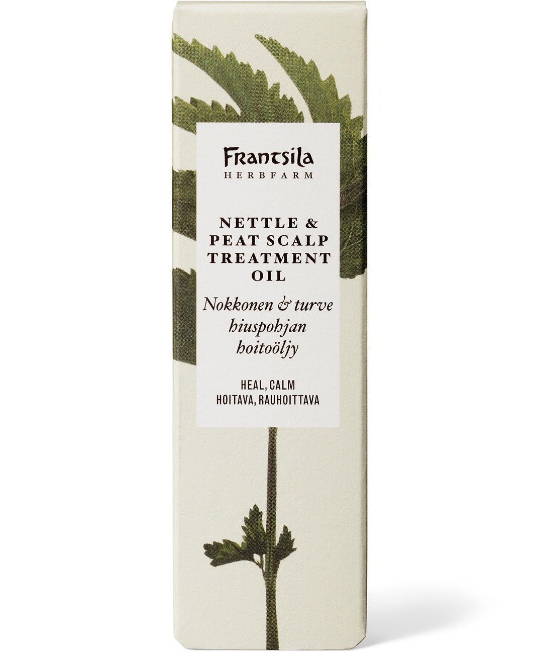 A rectangular box of Frantsila Nettle & Peat Scalp Treatment Oil for dry, itchy scalp, with text and a green botanical illustration on a light background.