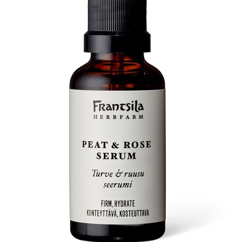 A dark glass pump bottle labeled Frantsila Midsummer Rose & Peat Serum. This organic facial serum from Frantsila firms and hydrates, with Finnish text on the label, embodying the purity of natural cosmetics.