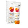 A tube and box of Mossa 365 Days for Face SPF 30 sunscreen by Mossa, with sea buckthorn berry and raspberry images, offering broad-spectrum UVA/UVB protection and highlighting vegetarian ingredients.