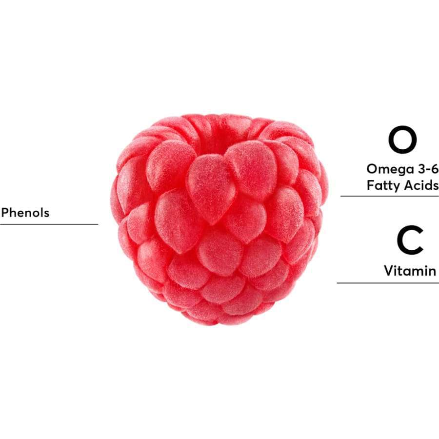 A close-up of a raspberry highlights phenols, omega 3-6 fatty acids, and vitamin C—key nutrients in Mossa 365 Days for Face SPF 30 by Mossa—symbolizing natural UVA/UVB defense in this broad-spectrum sunscreen.
