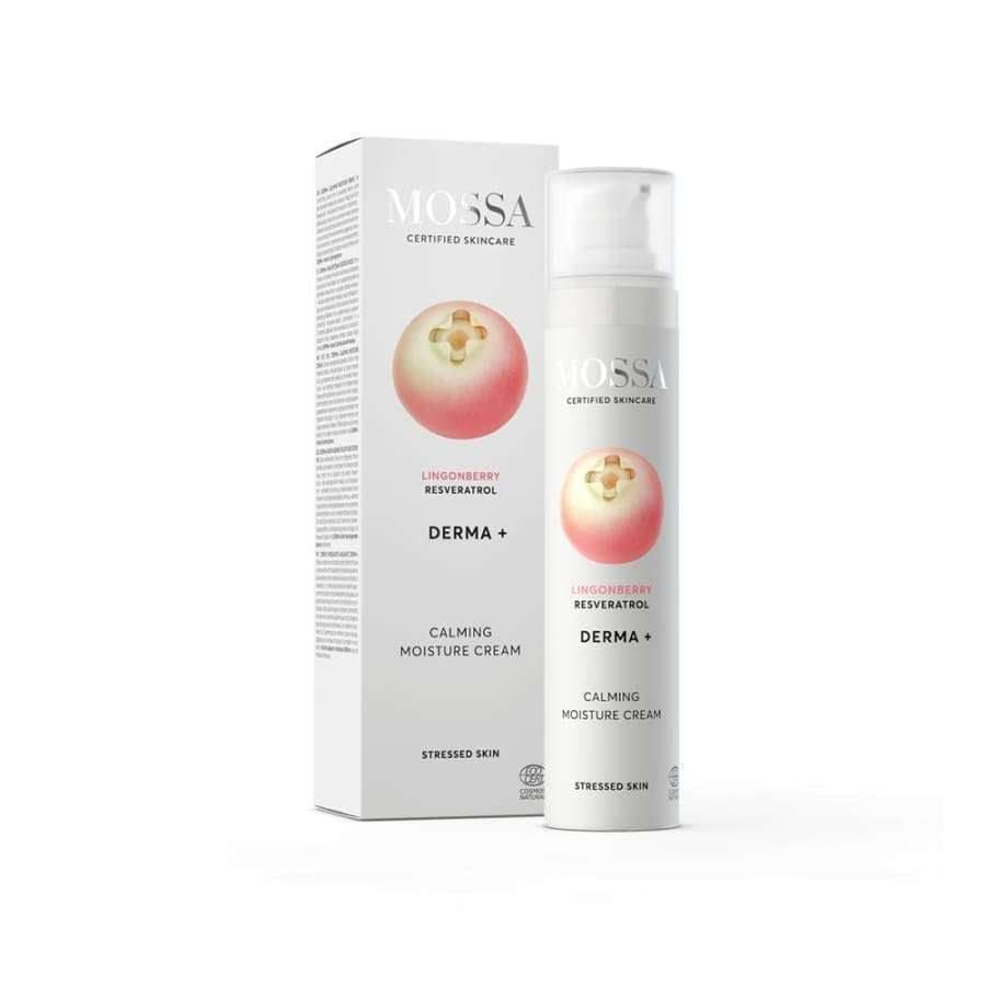 A white bottle and box of Mossa Derma+ Calming Moisture Cream for sensitive, stressed skin, both featuring a lingonberry image and minimalist design. Contains lingonberry resveratrol. Brand: Mossa.