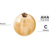 A close-up of a translucent round fruit highlights its natural AHA fruit acids, phenols, and vitamin C. The image showcases Mossa's Juicy Clean Purifying Creme-Mousse and mentions its gentle cleansing milk benefits.